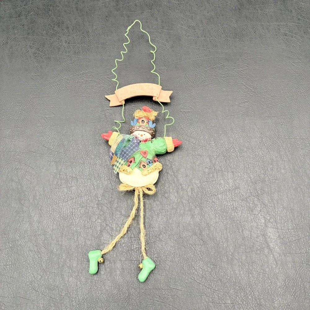 Rustic Snowman Birdhouse Christmas Ornament Dangle Legs Jingle Bells 14 Inch